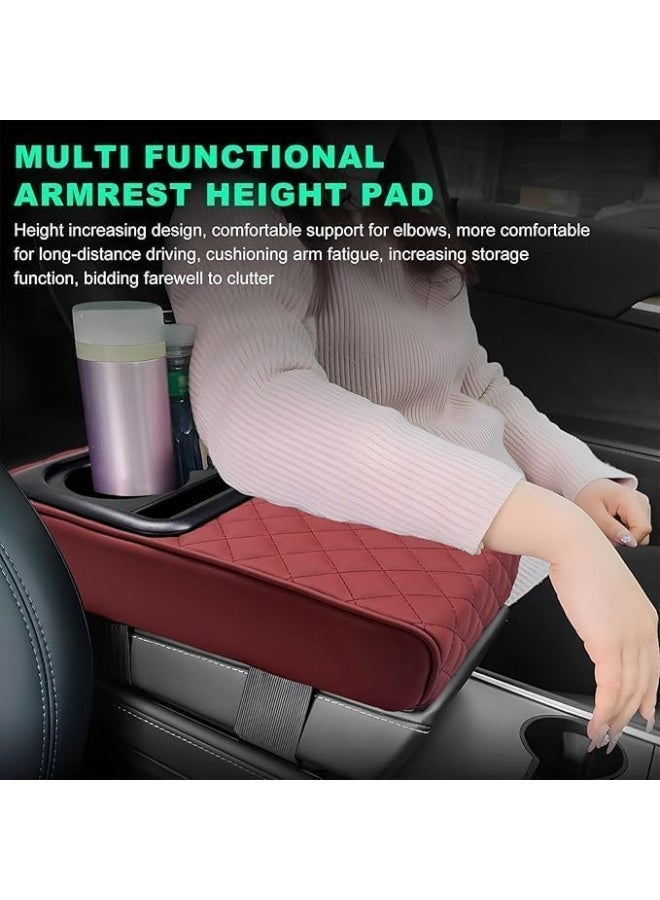 general Leather car armrest with cup holder and small item pockets, padded design, black and red - Image 5